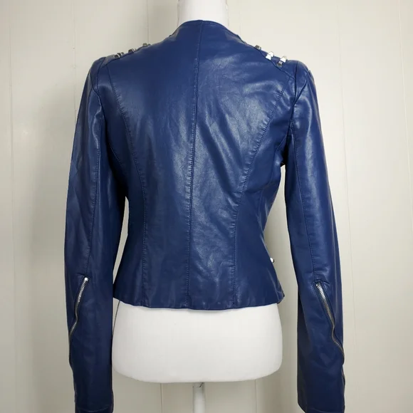 Moto biker blue studded faux leather coat size small - Picture 2 of 11